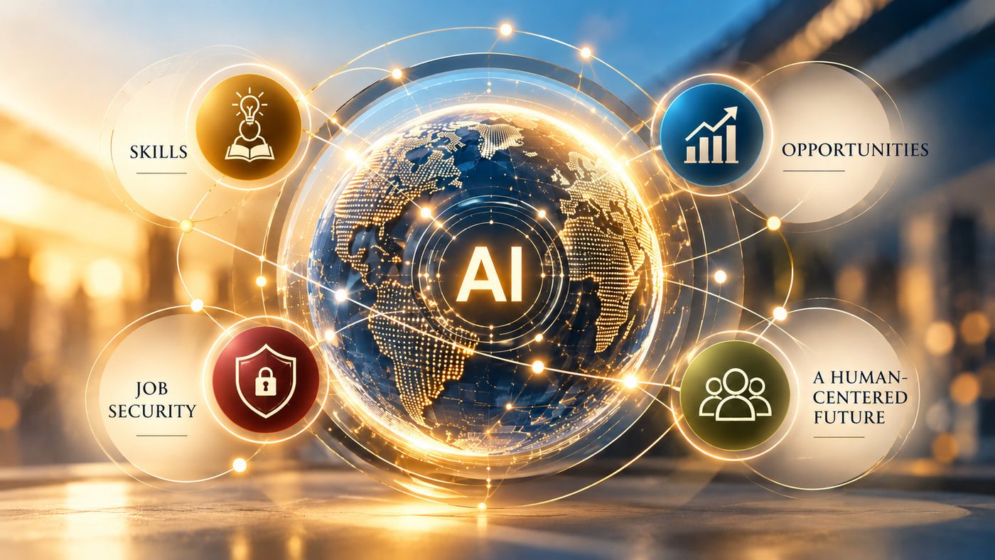AI globe connecting skills, opportunities, job security, and a human-centered future