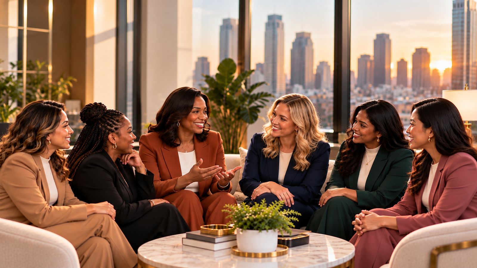 Six women talking warmly together around a round table
