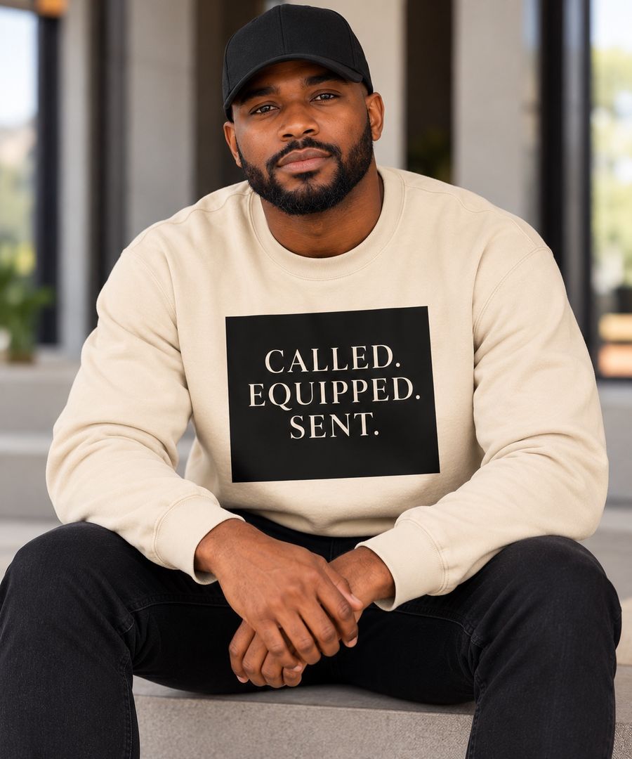 A man seated on steps wearing the cream CALLED. EQUIPPED. SENT. sweatshirt and a black cap