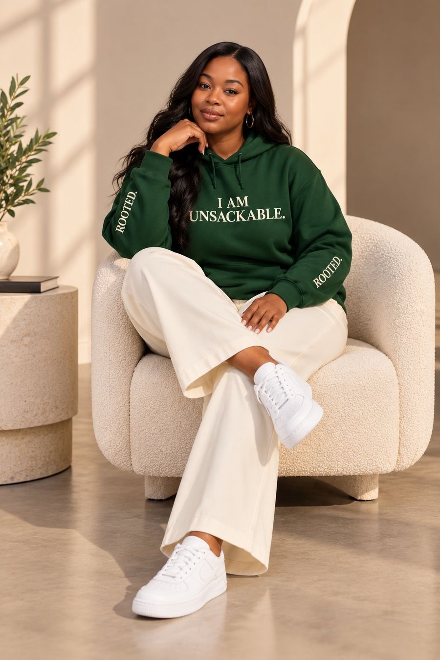 A woman seated in a cream armchair wearing the forest-green I AM UNSACKABLE. hoodie with ROOTED. on each sleeve
